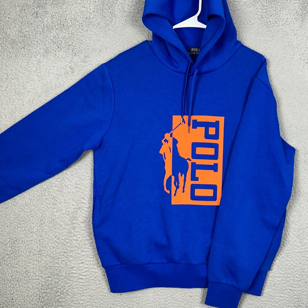 Polo Ralph Lauren Hoodie Men Medium Blue Orange Graphic Logo Pullover Sweatshirt